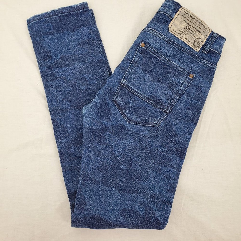 Zara Man Denim Wear Skinny Camo Jeans Blue Mens 32 - Picture 2 of 9